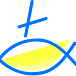 ein blauer stilisierter Fisch (als Strichmännchen gezeichnet) mit einem Kreuz darüber ist das Symbol der altkatholischen Kirche Österreichs