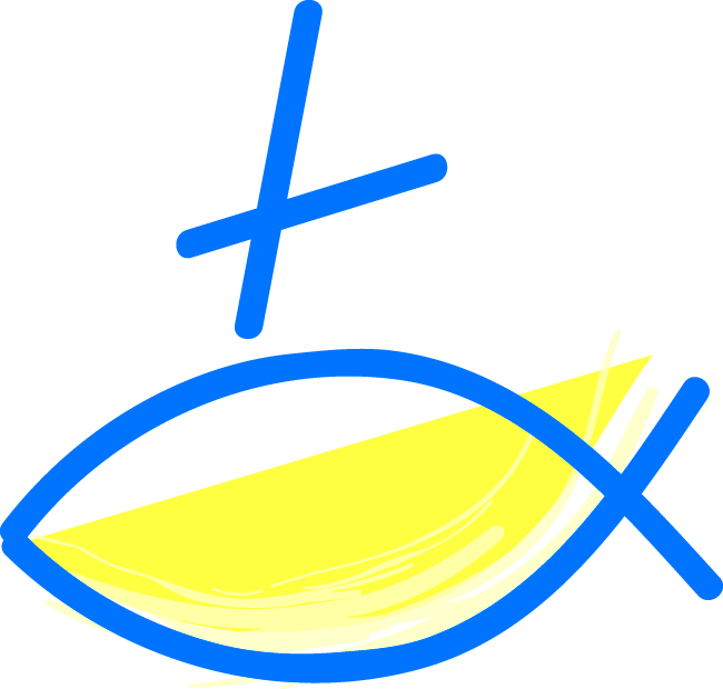 ein blauer stilisierter Fisch (als Strichmännchen gezeichnet) mit einem Kreuz darüber ist das Symbol der altkatholischen Kirche Österreichs